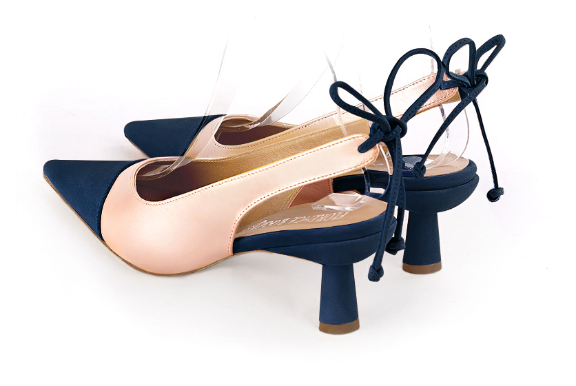 Navy blue and powder pink women's slingback shoes. Pointed toe. Medium spool heels. Rear view - Florence KOOIJMAN